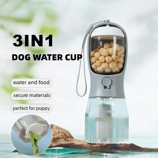 3-in-1 Portable Dog Water Bottle  – Travel Pet Water Dispenser with Food Container & Waste Bag Holder