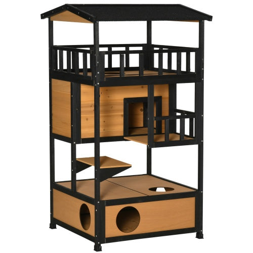 PawHut Wooden Outdoor Cat House – Multi-Level Cat Shelter with Jump Platforms, Escape Doors & Weatherproof Roof