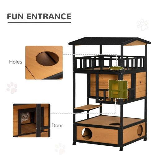 PawHut Wooden Outdoor Cat House – Multi-Level Cat Shelter with Jump Platforms, Escape Doors & Weatherproof Roof